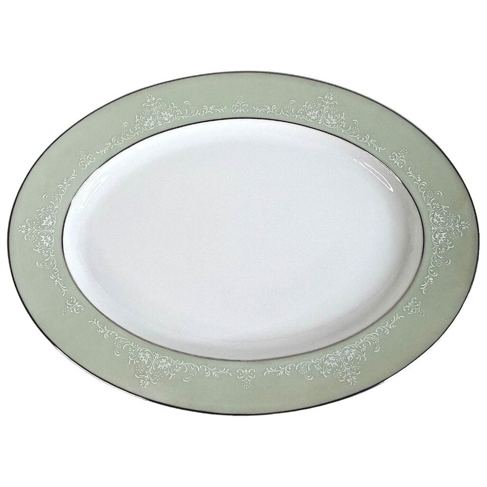 Noritake Maureen Serving Platter 6728 Green Rim White Scroll Silver Trim‎ Japan